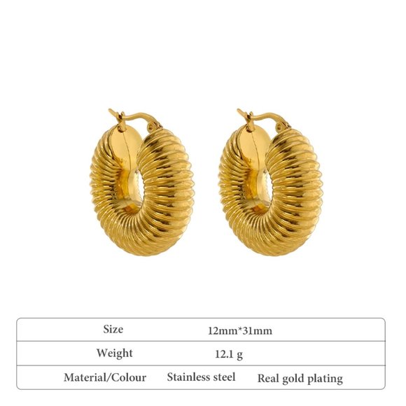 New 18K Gold Plated Round Textured Hoop Earrings - Picture 3 of 3